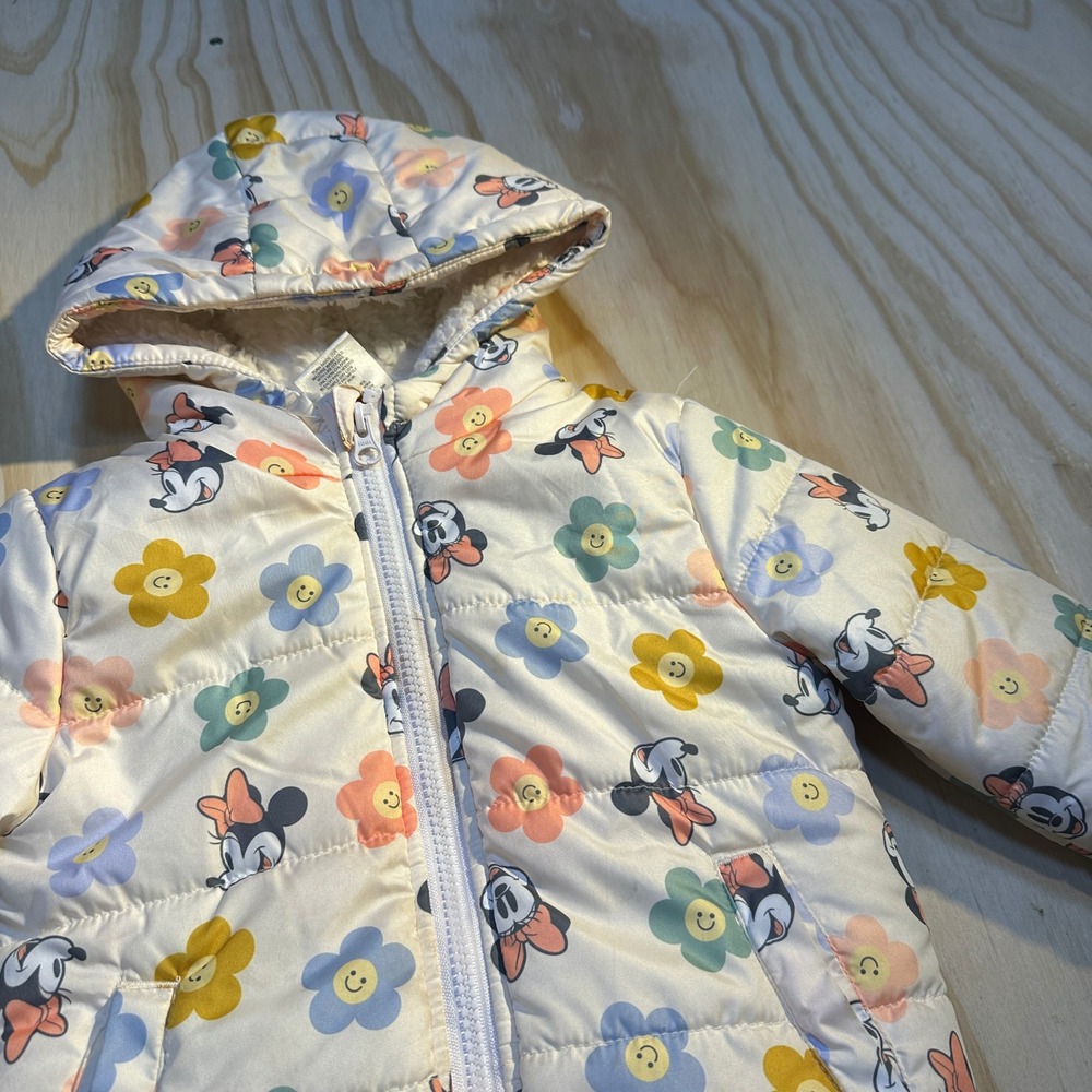 Disney Junior Minnie Mouse Baby Girl 18M Floral Puffer Jacket Sherpa Lined Cream